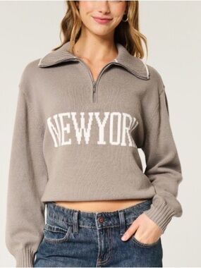 Hollister NEWYORK Half-Zip Pullover Sweater - Taupe with White Logo